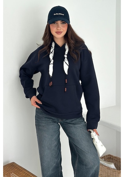 Noa & Noa Kadın Fular Detaylı Kapüşonlu Sweatshirt Casual Charm Lacivert