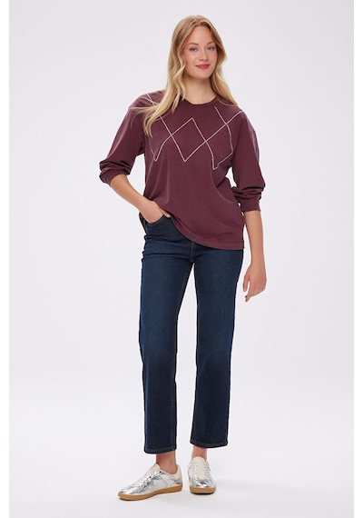 Faik Sönmez Taş Detaylı Bisiklet Yaka Tenselli Sweatshırt W27swt007 Uw27swt00740 Bordo