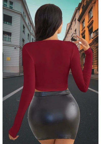 Beru Bordo Derin U Yaka Crop Top Uzun Kollu Dar Kesim Kadın Bluz L - XL