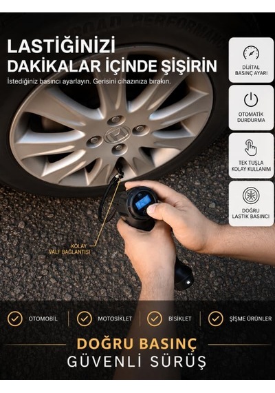 Shopexxtra Dijital Lastik Şişirme Cihazı, Kablosuz Araç Hava Pompası, Lcd Ekranlı, Led Fenerli, Otomatik Durdurmalı, Usb Şarjlı Oto Lastik Pompası