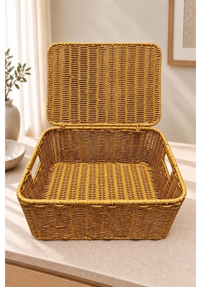 4 Lü Kapaklı Rattan Saklama Sepeti Seti Dolap İçi Organizer Çok Amaçlı Hasır Banyo Düzenleyici