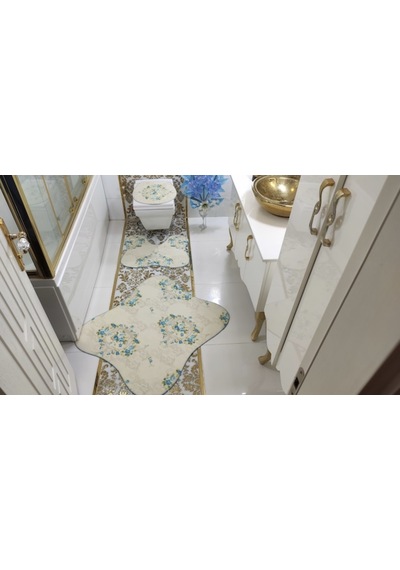 Rose Kelebek Banyo Halısı Klozet Takımı 3'Lü Set Krem