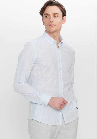 Ac Sports Erkek Mavı %100 Pamuk Slim Fit Düğmeli Yaka Armürlü Flamlı Gömlek Mavı