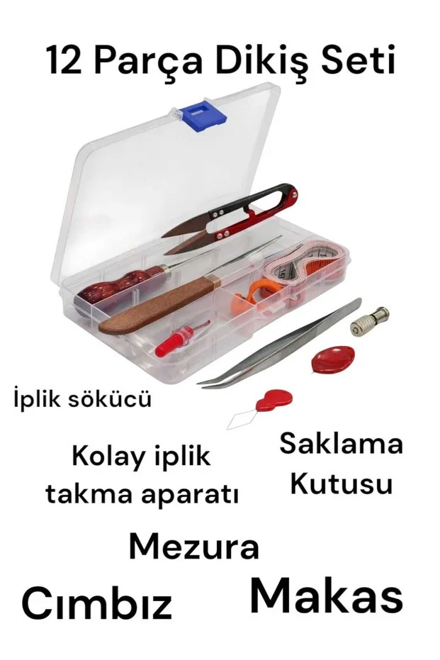 Dikiş Nakış Seti Saklama Kutulu Makas Mezura Cımbız İplik Sökücü İplik Takma Aparatı 12 Parça