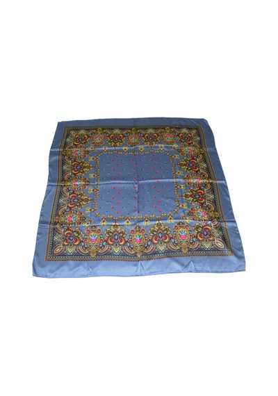 Tikitonki Etnik Çiçek Desenli Saten Mavi Eşarp - 90x90 Mavi Mavi