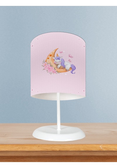Mekta Home Bebek Ve Çocuk Odası Aya Sarılan Unicorn Desenli Pembe Abajur