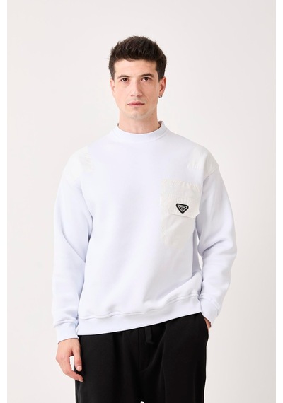 X-4006 Garni Detaylı Üç İplik Şardonlu Sweat Beyaz