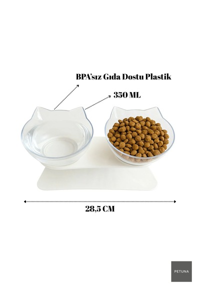 İki Hazneli Kedi Kafalı Beyaz Standlı Kedi Mama Ve Su Kabı 350 Ml