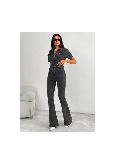 Kene Jeans Kısa Kol Kar Siyah Likralı Denim İspanyol Paça Tulum Siyah