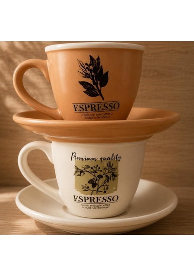 Art Porselen Espresso Fincan Takımı, 2'li Set, 90 Cc, Kahve Temalı Botanik Desenli Bej Diğer