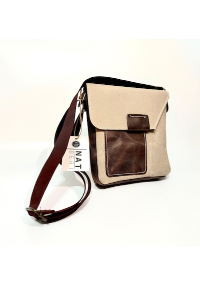 Natderi Hakiki Deri Ve Kanvas Omuz Çantası 20x21 Cm Ayarlanabilir Askılı, Ön Cepli Unisex Günlük Çanta Açık Bej - Acı Kahve