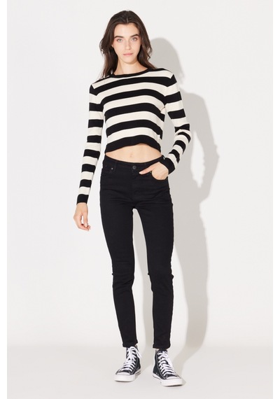 Lee Slim Fit Dar Kesim Bisiklet Yaka Siyah Beyaz Çizgili Crop Triko Kazak L232492001 Siyah