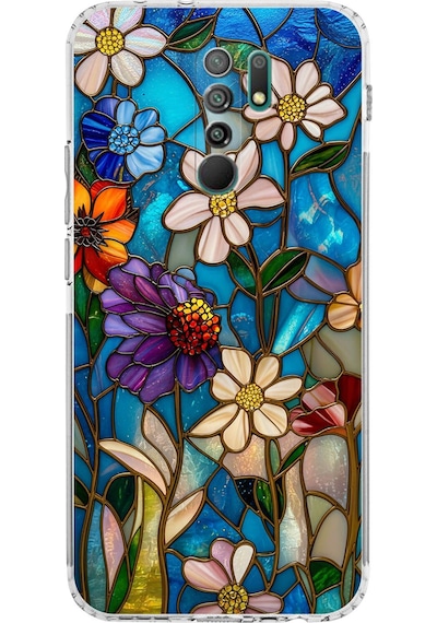 Printify Redmi 9 İle Uyumlu Vitray Mavi Bahar Tasarımlı Şeffaf Silikon Kılıf Şeffaf