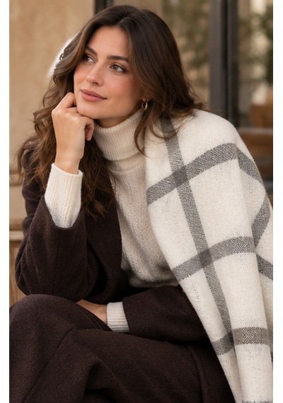 Milano Soft Touch Ekru Gri Ekose Desenli Kadın Şal Old Money Stil, Yumuşak Dokulu, Oversize Görünümlü, Premium Sonbahar Kış Boyun Şalı Çok Renkli