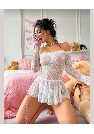 Intive Fantasy Tamamı Dantelli Transparan Asimetrik Kesim Mini Ge Beyaz