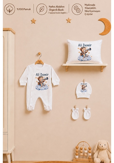 Pia Baby İsme Özel Erkek Bebek Hastane Çıkışı 5 Parça Tulum Seti %100 Pamuk Organik Baskılı 1007tybyx Ekru