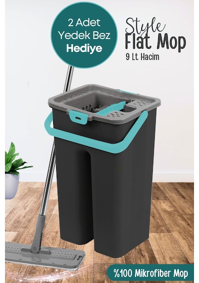 Grimorlife Style Flat Mop Temizlik Kova Paspas Seti Siyah Renk 9 Litre+ 2 Adet Yedek Mop Bezi