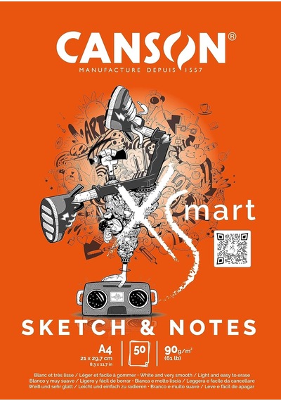 Canson Xsmart Çizim Kağıdı, Beyaz, İnce Taneli, 90 G/m², Uzun Taraflı Yapışkan Blok, A4-21 X 29,7 Cm, Beyaz, 50