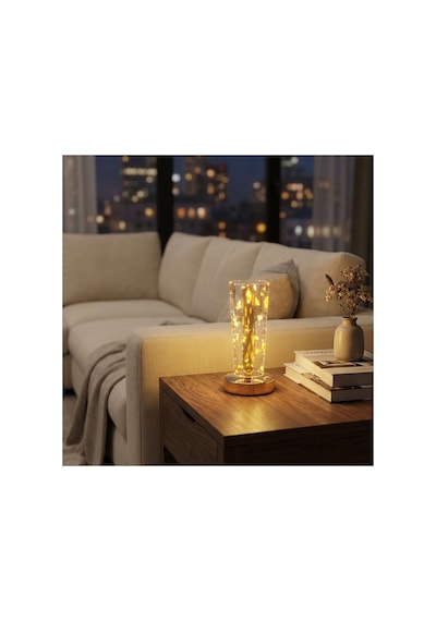 Plentiful Plentiful Silindirik Kristal Altın Toz Model Led Masa Lambası Gold Tabanlı, Dokunmatik, 3 Renk Işık
