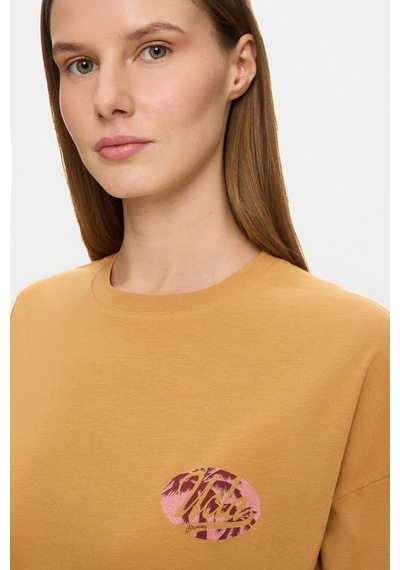 Ucla Marıluz Açık Turuncu Bisiklet Yaka Baskılı %100 Pamuk Loose Fit Kadın Tshirt