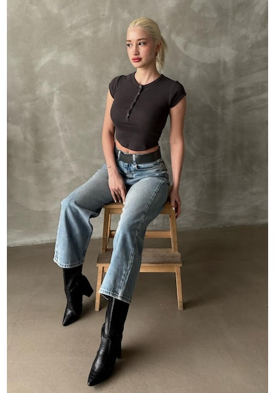 Madmext Füme Henley Çıt Kapamalı Kadın Tişört Mg2306 Füme