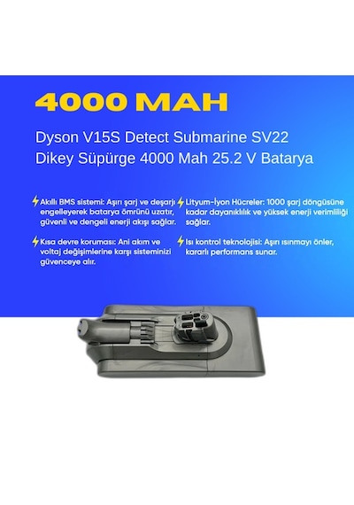 Dyson V15s Detect Submarine Sv22 4000 Mah Süpürge Batarya Yüksek Kapasiteli, Güçlü Ve Dayanıklı Yedek Pil Uzun Ömürlü Li-ıon Batarya