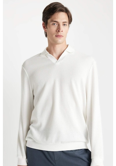 Defacto Regular Fit Polo Yaka Jakarlı Triko Sweatshirt A9785AX24AUWT32 Beyaz