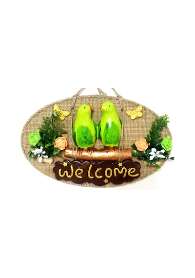 Yeşil Kuşlu Welcome Yazılı El Yapımı Kapı Süsü