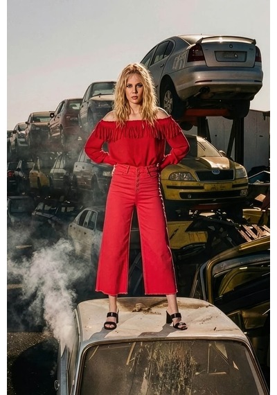 Blue White Kadın Püskül Detaylı Culotte Pantolon Kırmızı