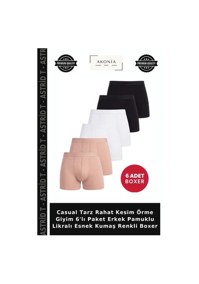 Astrid T Casual Tarz Rahat Kesim Örme Giyim 6'lı Paket Erkek Pamuklu Likralı Esnek Kumaş Renkli Boxer 2siy 2bey 2ten