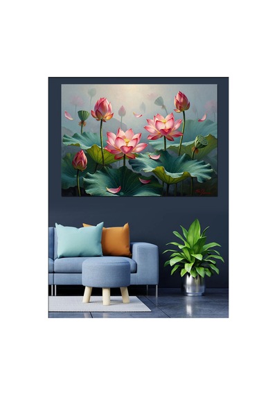 Suyun Üzerinde Açmış Pembe Nilüferler Yağlı Boya Dokulu Kanvas Tablo Canvas Tablosu
