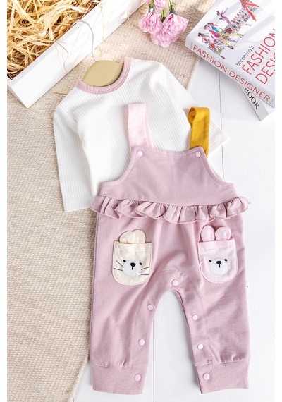 Baby Mod Tavşan Fiğürlü100% Pamuk Kız Bebek Salopet 2'li Tulum Gülkurusu