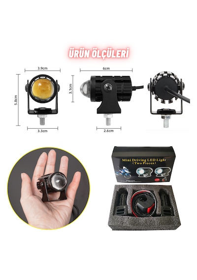 Motosiklet Scooter Mini Sis Farı Set Delici Işık Beyaz Sarı Metal