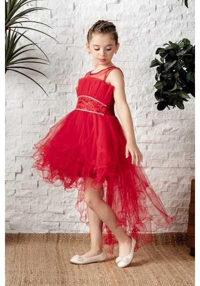 Mnk Baby & Kids Uzun Kuyruk Tütülü Askılı Kız Filira Elbise Mnk0584 Kırmızı