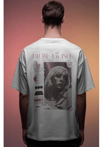 Sevbano Vintage Billie Eilish Şarkıcı Baskılı Unisex Oversize Premium Tiş Beyaz