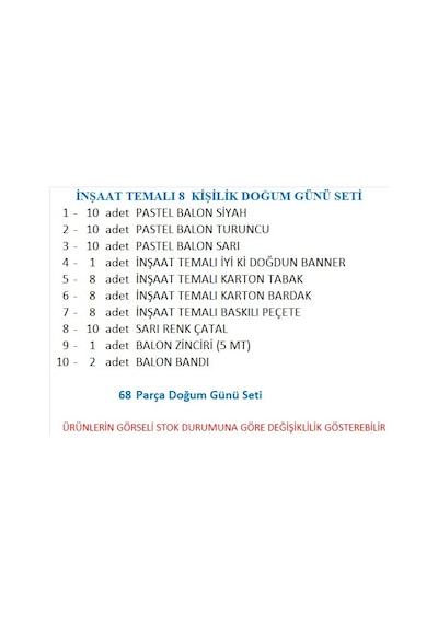 İnşaat Temalı 8 Kişilik Doğum Günü Seti