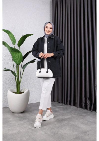 Harman Butik Kadın Cepli Düğmeli Kot Ceket Siyah Siyah