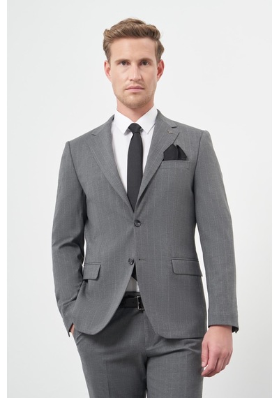 İmza Füme Çizgili Mono Yaka Astarlı 6 Drop Slim Fit Dar Kesim Takım Elbise 1001245102 Füme