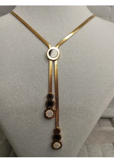 Siyah-beyaz Mineli Gold Renk Kolye Gold