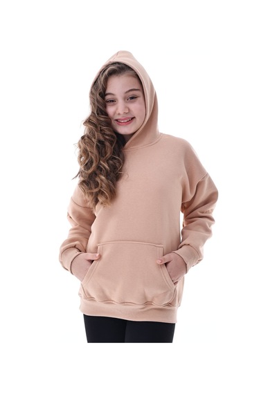Unisex Çocuk Kapüşonlu Sweatshirt Rahat Günlük Spor Giyim Oversize Model Krem Renkli Bej