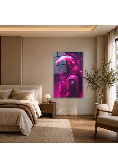 Pembe Neon Kasklı Astronot Çerçevesiz Cam Tablo