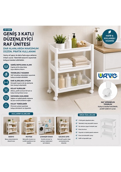 Rafty Geniş 3 Katlı Tekerlekli Sepet Organizer Düzenleyici Raf Ünitesi 352x220x480mm 5047 Çok Renkli
