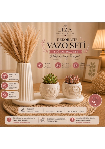 3 Lü Taş Tozu Dekoratif Vazo Seti Pampas & Sukulent Uyumlu El Yapımı Modern Set