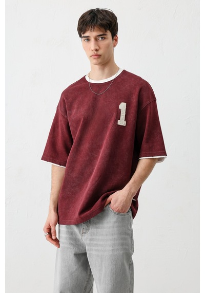 Vamos Oversize Baskılı Tişört V70-134 Bordo