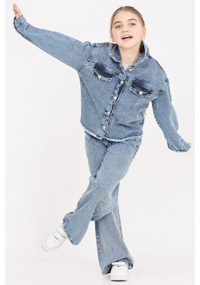 Modanino Kız Çocuk Jean Takım-taş Süslemeli Ceket+pantolon 12452 Açik Mavi