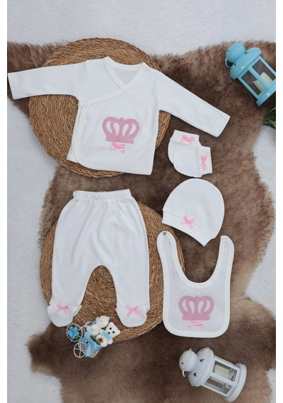 Sema Baby 5 Parça Hastane Çıkışı Zıbın Seti 0-3 Ay - Princess Beyaz