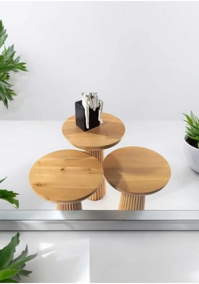 Wood Wooden 3 Lü Set Fitilli Mantar Yan Sehpa Modern Ahşap Renk Fiskos Ahşap