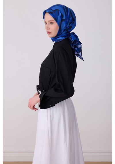 Belli Geometrik Desen İpek Twill Eşarp - 2026 İlkbahar-yaz T 4327 Saks