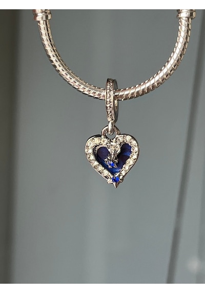 Sallantılı Taşlı Kalp Charm Gümüş