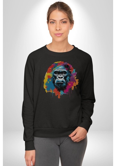 Renkli Maymun Goril Unisex Siyah Baskılı Sweatshirt Siyah